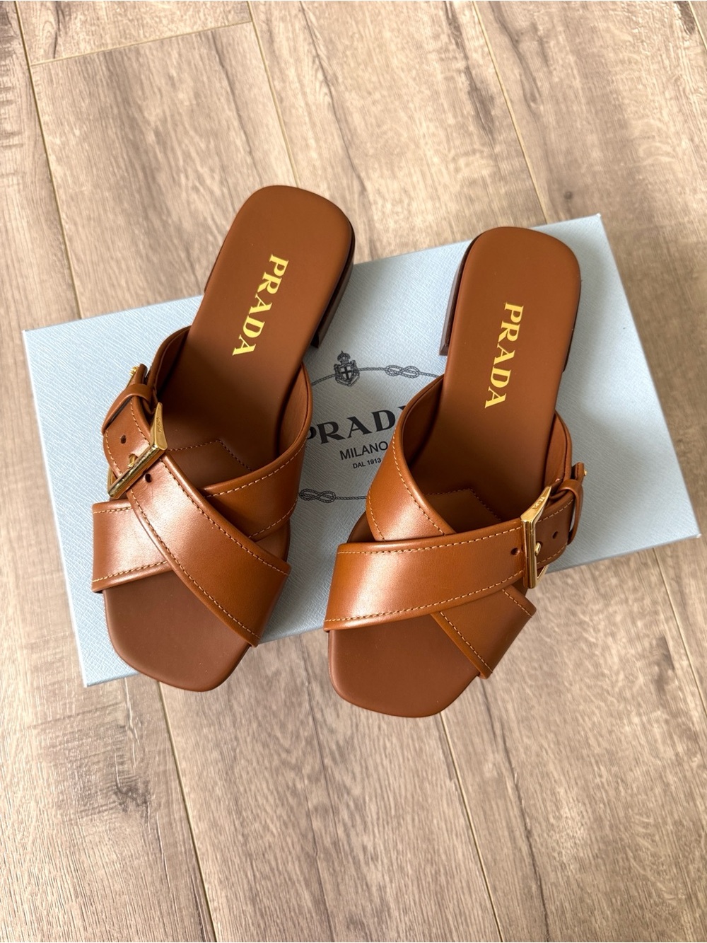 Prada Crisscross Leather Slide Sandals Brown Gold Logo Buckle 37.5 NWT - Picture 7 of 13